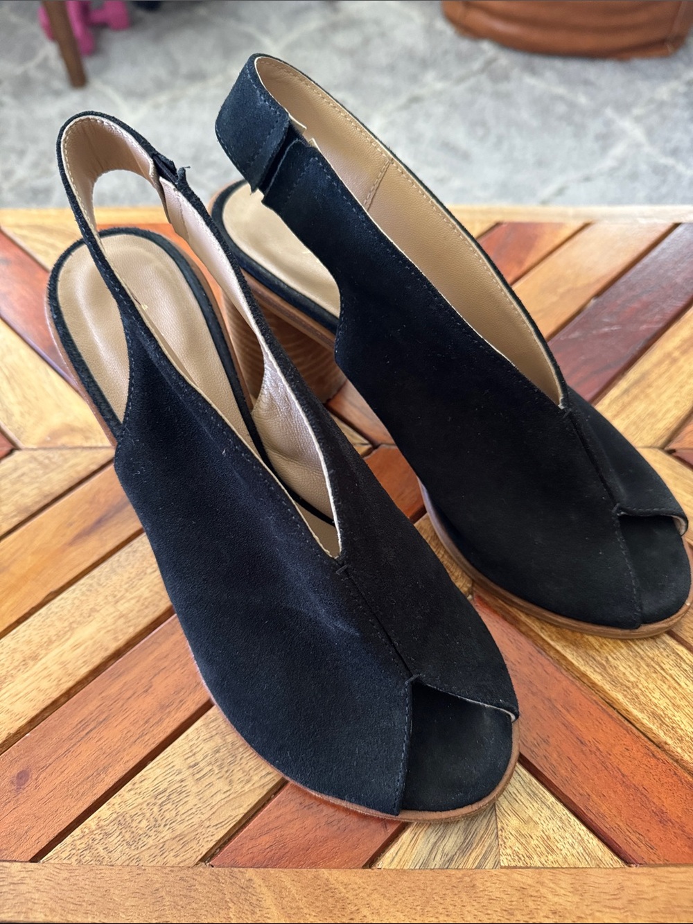 Anthropologie Black Suede Peep-Toe Slingback Sandals